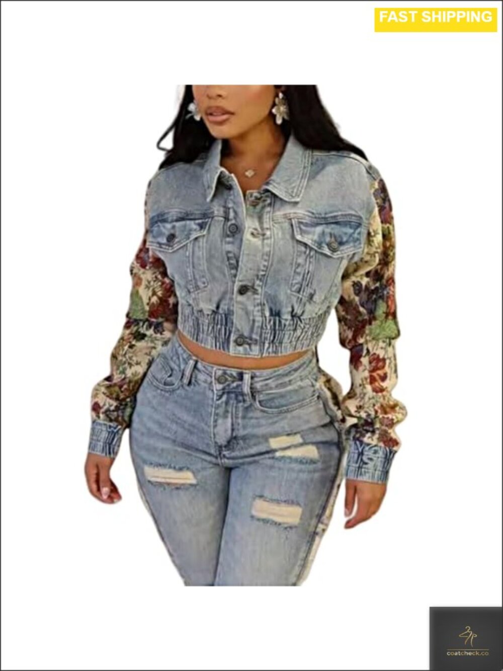 Cropped Denim Jacket Cotton Spandex Floral Sleeve Button Down Jean Jacket